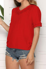 V-neck Solid Color Hollow Loose Top