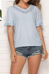 V-neck Solid Color Hollow Loose Top
