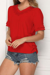V-neck Solid Color Hollow Loose Top