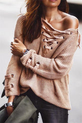 V Neck Striped Bandage Cross Ties Sweater