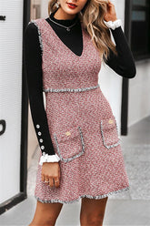 Vintage Tweed Sleeveless V Neck Tassel Dress