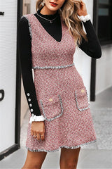 Vintage Tweed Sleeveless V Neck Tassel Dress