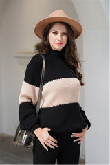 Wide Stripe High Collar Loose Pullover - Khaki