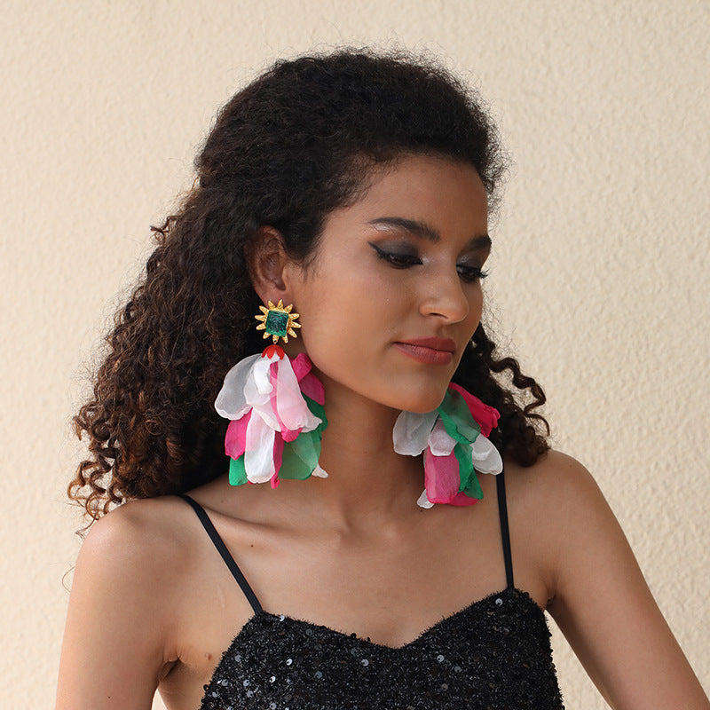 Handmade Fabric Floral Gemstone Earrings