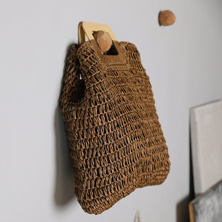 Handle Wooden Handle Woven Straw Bag