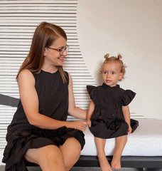 Mommy and Me Ruffled Black Tiered Dress With Bag Flaxmaker