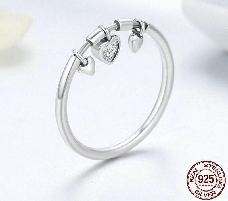 100% 925 Sterling Silver Glittering Heart Clear Finger Rings