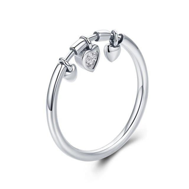 100% 925 Sterling Silver Glittering Heart Clear Finger Rings