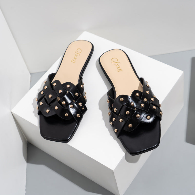 Studded Cutout Flat Slippers