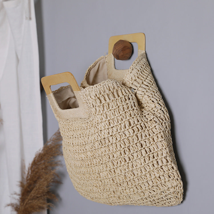 Handle Wooden Handle Woven Straw Bag