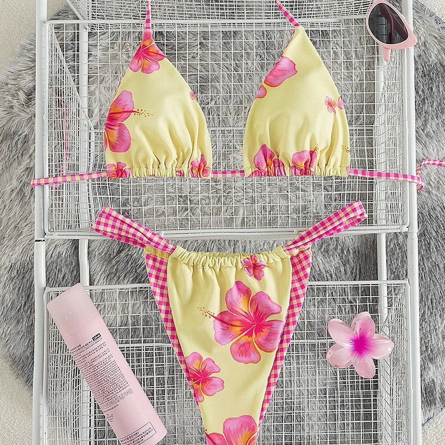 2 Piece Floral Bikini Hibiscus Flower Print Swimwears Gingham Binding Halter Neck Side Tie Swimsuit Bikinis Set