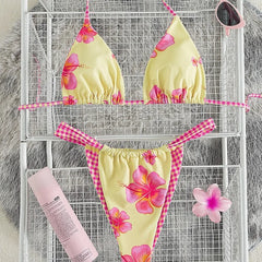 2 Piece Floral Bikini Hibiscus Flower Print Swimwears Gingham Binding Halter Neck Side Tie Swimsuit Bikinis Set