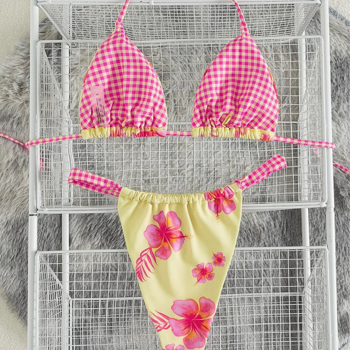 2 Piece Floral Bikini Hibiscus Flower Print Swimwears Gingham Binding Halter Neck Side Tie Swimsuit Bikinis Set