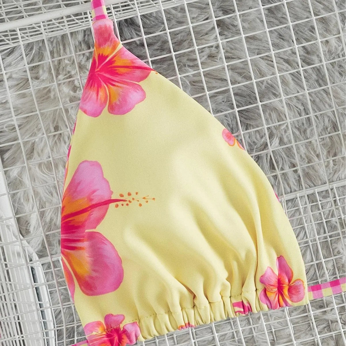 2 Piece Floral Bikini Hibiscus Flower Print Swimwears Gingham Binding Halter Neck Side Tie Swimsuit Bikinis Set