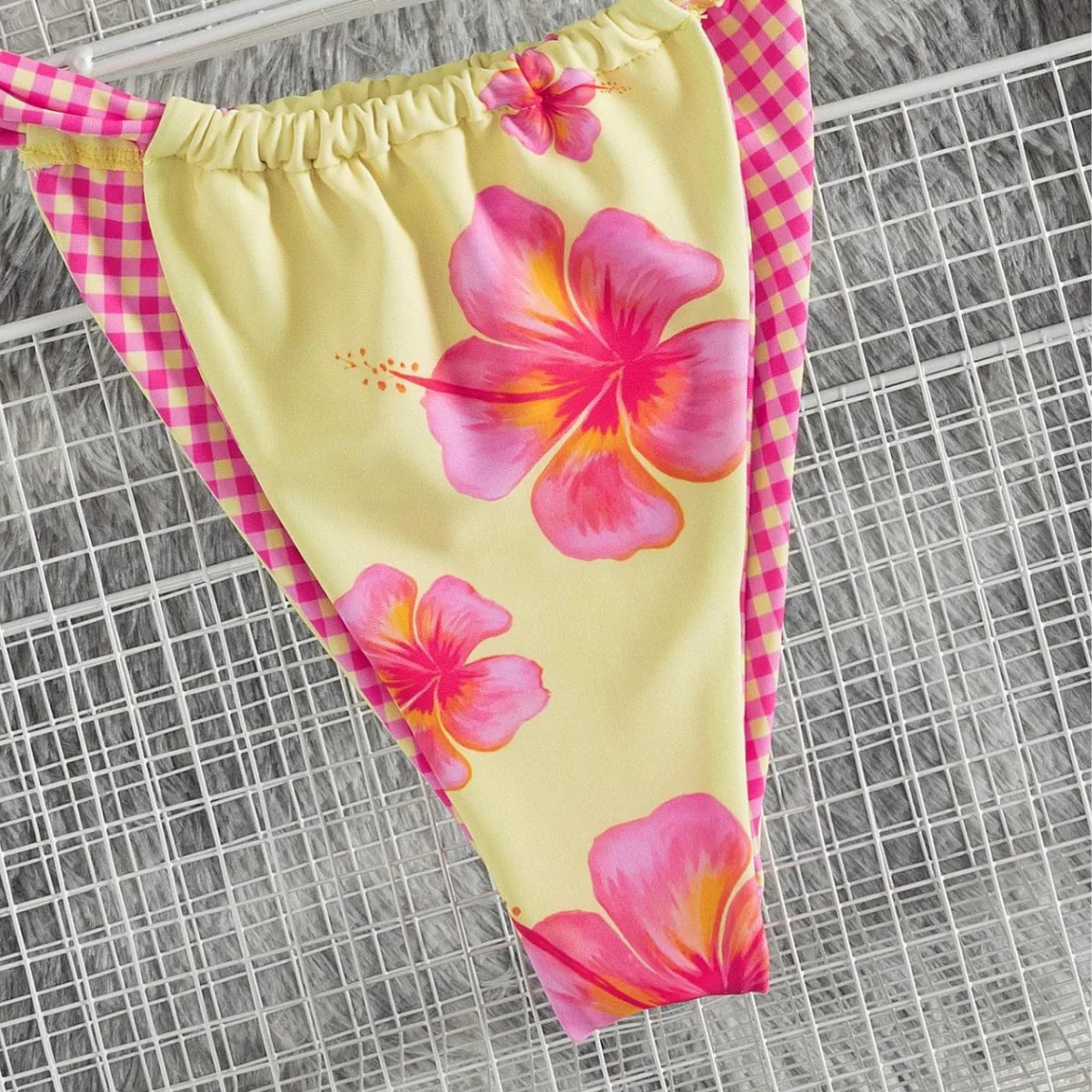 2 Piece Floral Bikini Hibiscus Flower Print Swimwears Gingham Binding Halter Neck Side Tie Swimsuit Bikinis Set