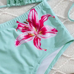 2 Piece Floral Swim Outfit Bathing Suits Hibiscus Lily Print Halter Bikinis Set