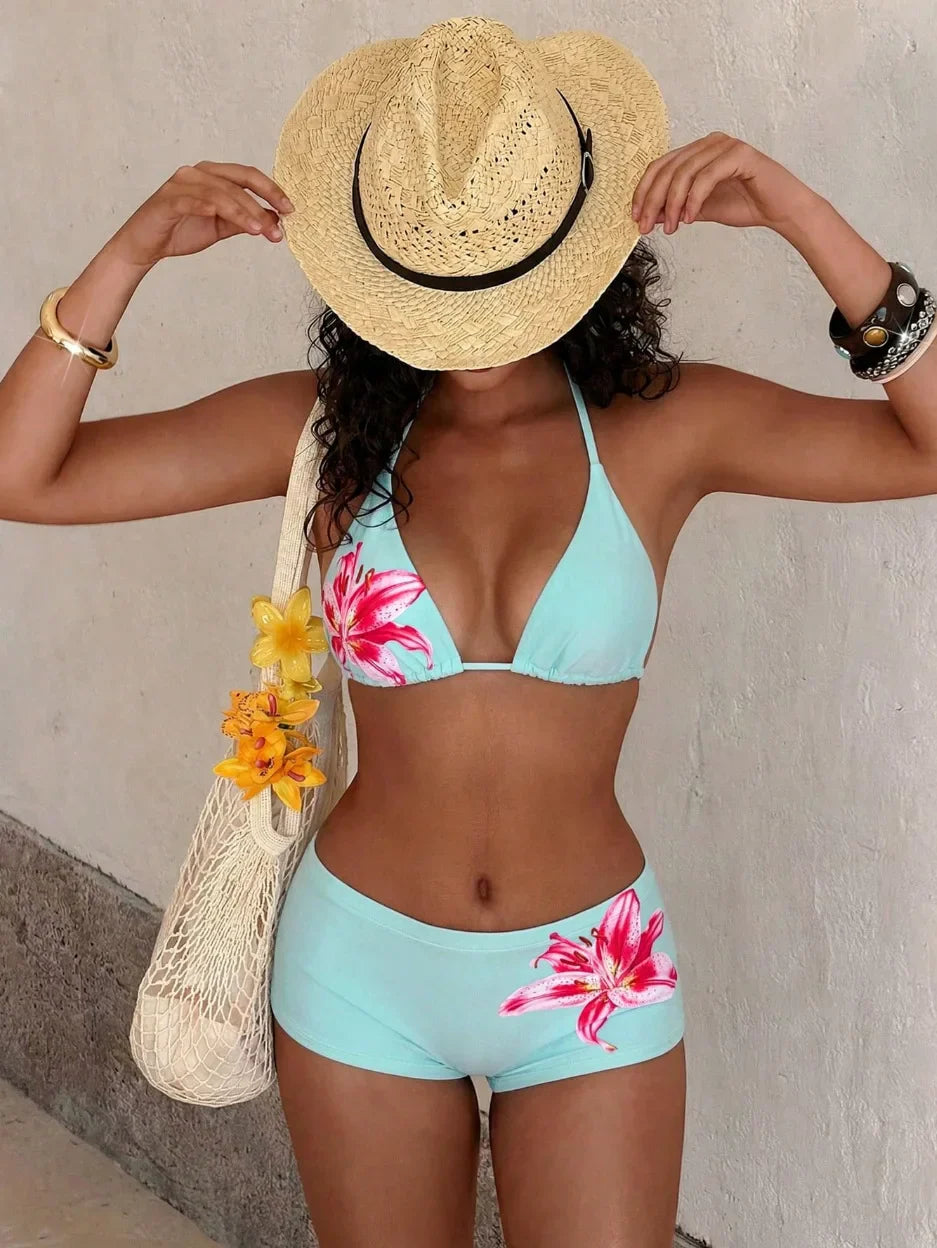 2 Piece Floral Swim Outfit Bathing Suits Hibiscus Lily Print Halter Bikinis Set