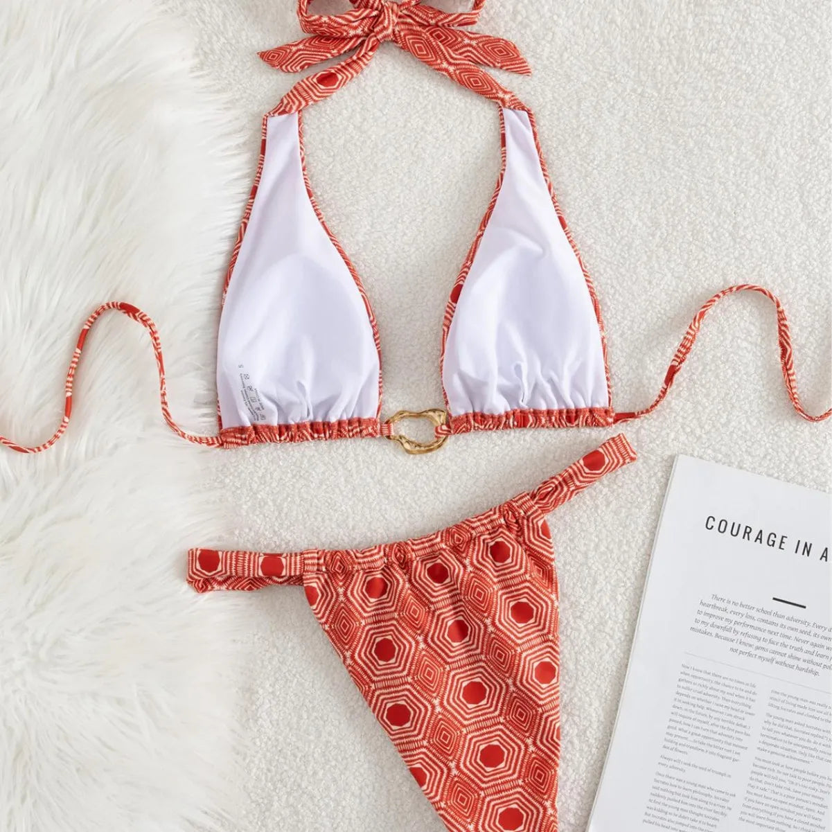 2 Piece Geometric Print Bikini Swimwears Pattern Halter Neck Triangle Bikini with Front Gold Ring High Cut Swimsuits