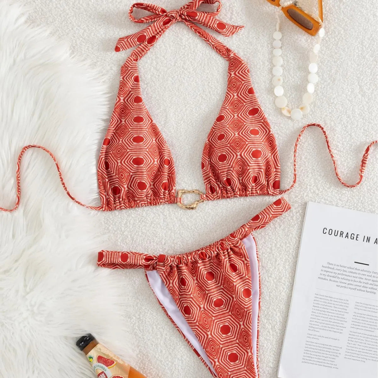 2 Piece Geometric Print Bikini Swimwears Pattern Halter Neck Triangle Bikini with Front Gold Ring High Cut Swimsuits