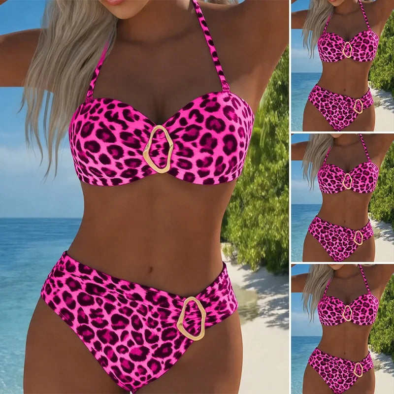 2 Piece Gradient Leopard Bikinis Convertible Halter Bandeau Irregular Gold Buckle Matching Ruched High Waist Swimwear