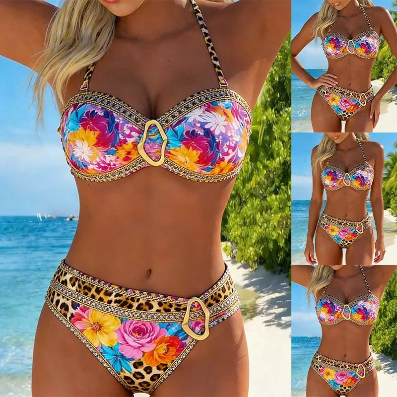 2 Piece Gradient Leopard Bikinis Convertible Halter Bandeau Irregular Gold Buckle Matching Ruched High Waist Swimwear
