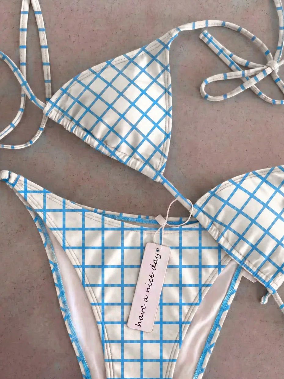 2 Piece Polka Dot Bikini Thong Lace-up Print Bathing Suits Halter String Triangle Bikini High Cut Swimsuits Swim Holiday