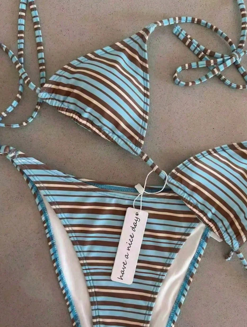 2 Piece Polka Dot Bikini Thong Lace-up Print Bathing Suits Halter String Triangle Bikini High Cut Swimsuits Swim Holiday