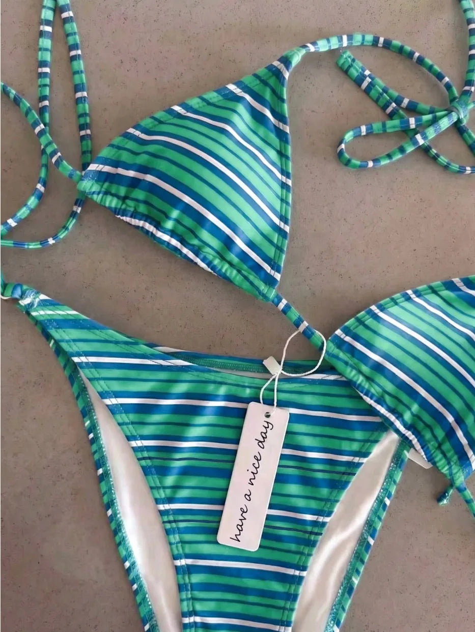 2 Piece Polka Dot Bikini Thong Lace-up Print Bathing Suits Halter String Triangle Bikini High Cut Swimsuits Swim Holiday
