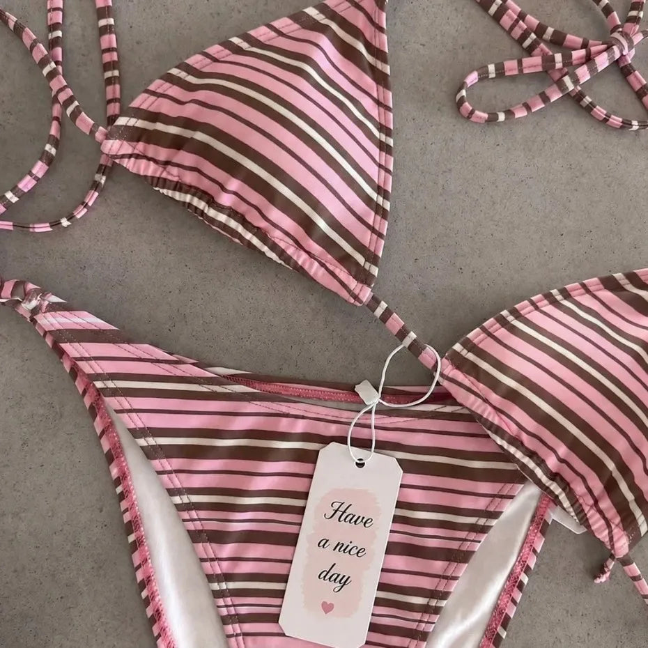 2 Piece Polka Dot Bikini Thong Lace-up Print Bathing Suits Halter String Triangle Bikini High Cut Swimsuits Swim Holiday