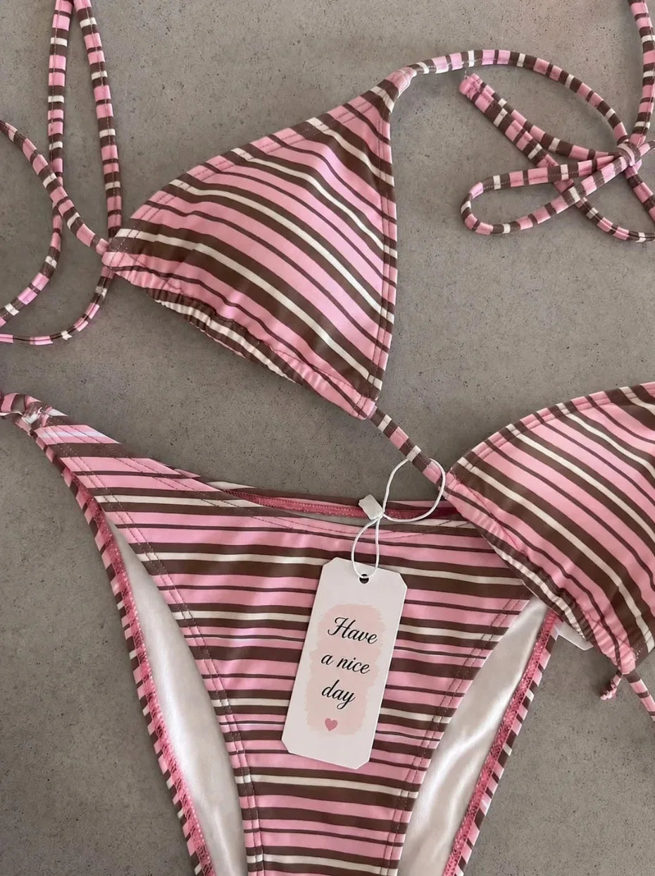 2 Piece Polka Dot Bikini Thong Lace-up Print Bathing Suits Halter String Triangle Bikini High Cut Swimsuits Swim Holiday