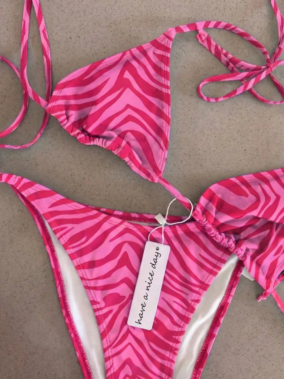 2 Piece Polka Dot Bikini Thong Lace-up Print Bathing Suits Halter String Triangle Bikini High Cut Swimsuits Swim Holiday
