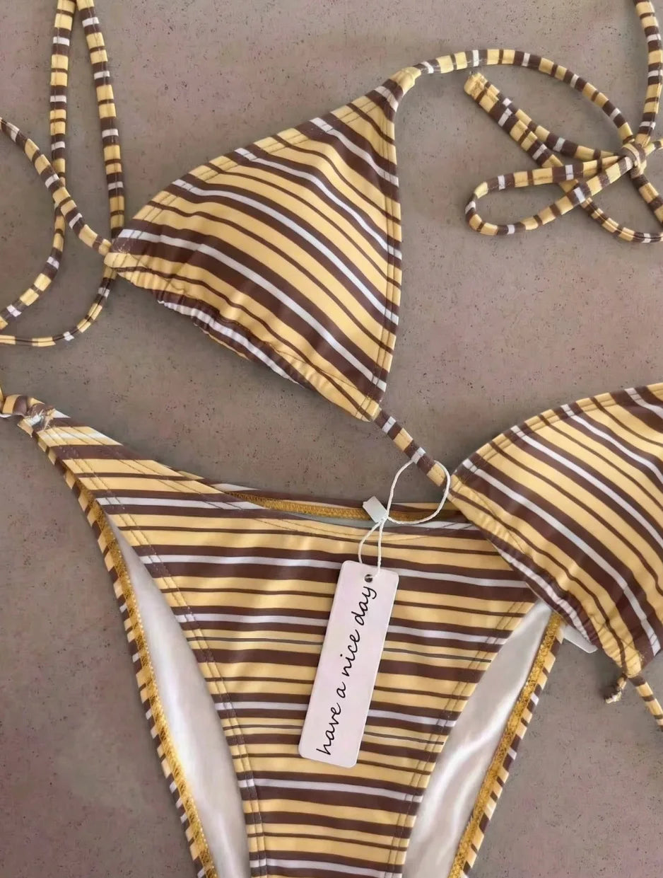 2 Piece Polka Dot Bikini Thong Lace-up Print Bathing Suits Halter String Triangle Bikini High Cut Swimsuits Swim Holiday
