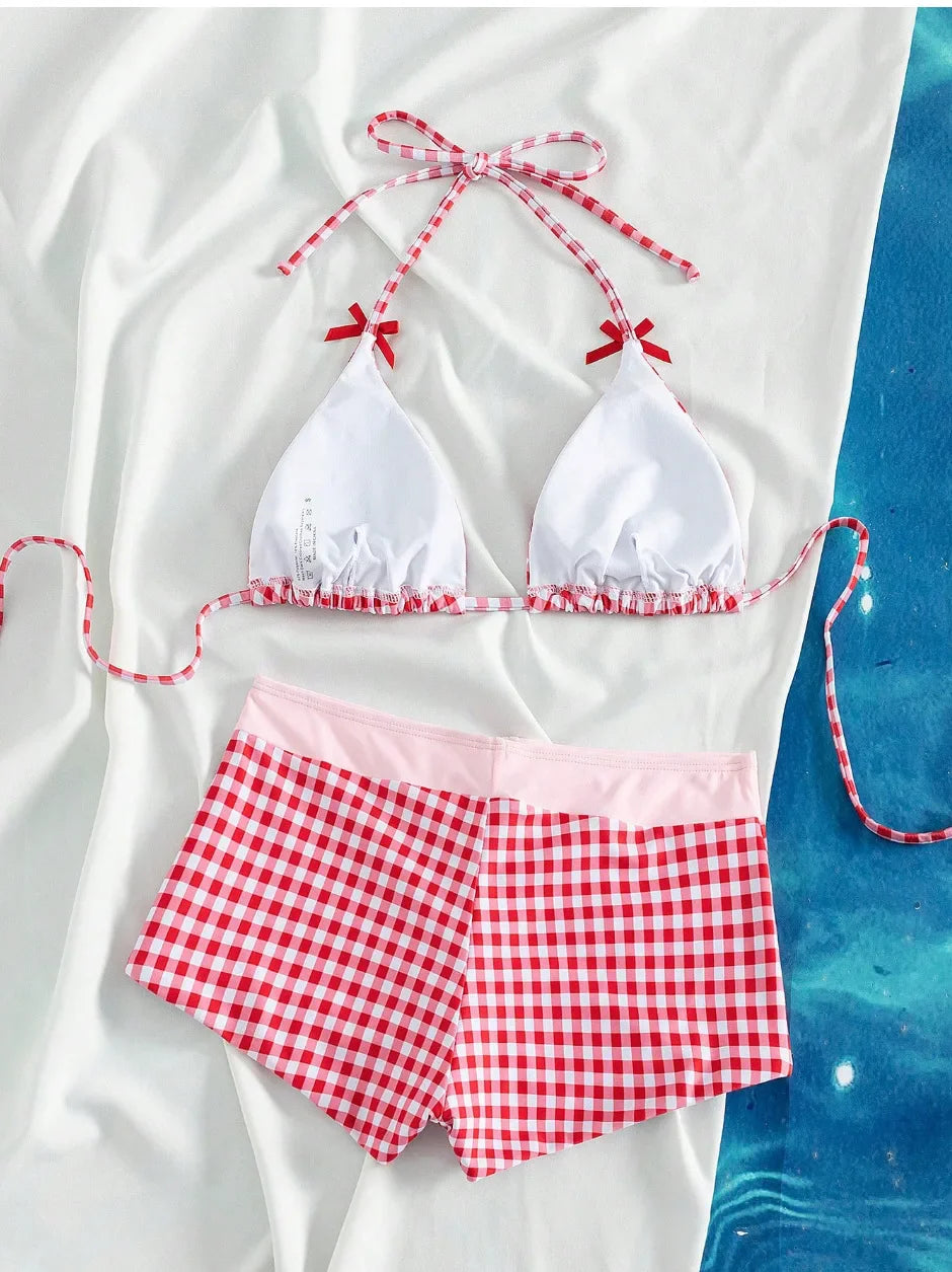 2 Pieces Plaid Print Bikini Swimsuit Halter Swimwear Bathing Suit Short Pants Micro Bikini Set