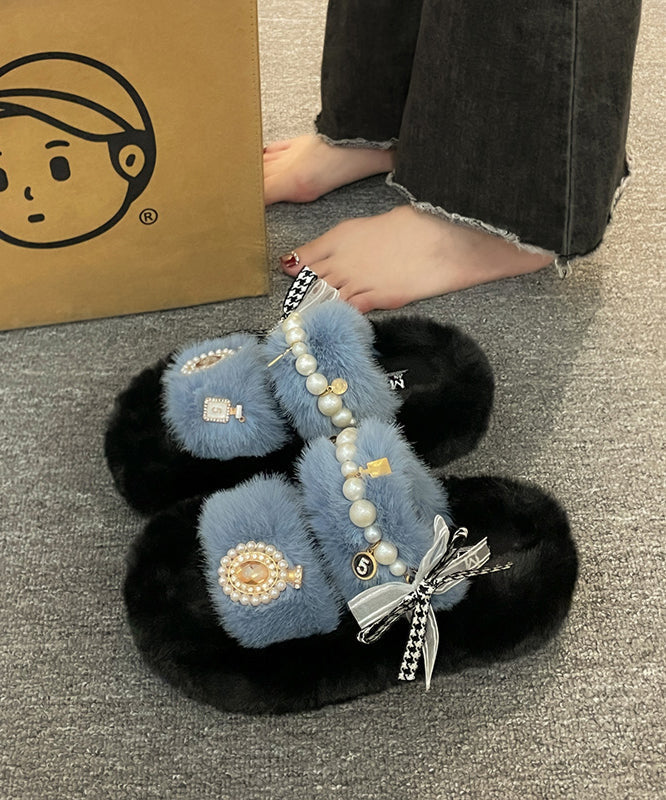 New Khaki Nail Bead Bow Platform Teddy Slide Sandals