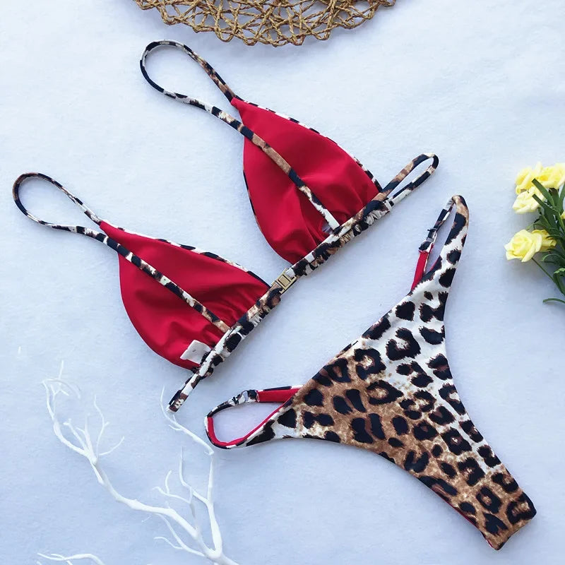 Micro Leopard Bikini High Cut  Bandage Push Up Swimsuit Bathing Suit Padded Thong Swimwear