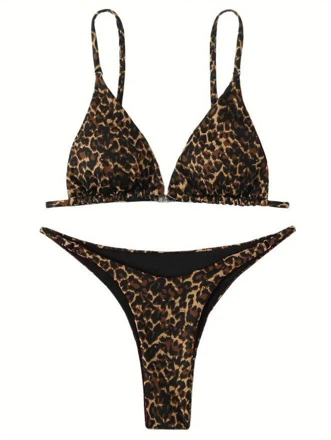 Micro Leopard Bikini High Cut  Bandage Push Up Swimsuit Bathing Suit Padded Thong Swimwear