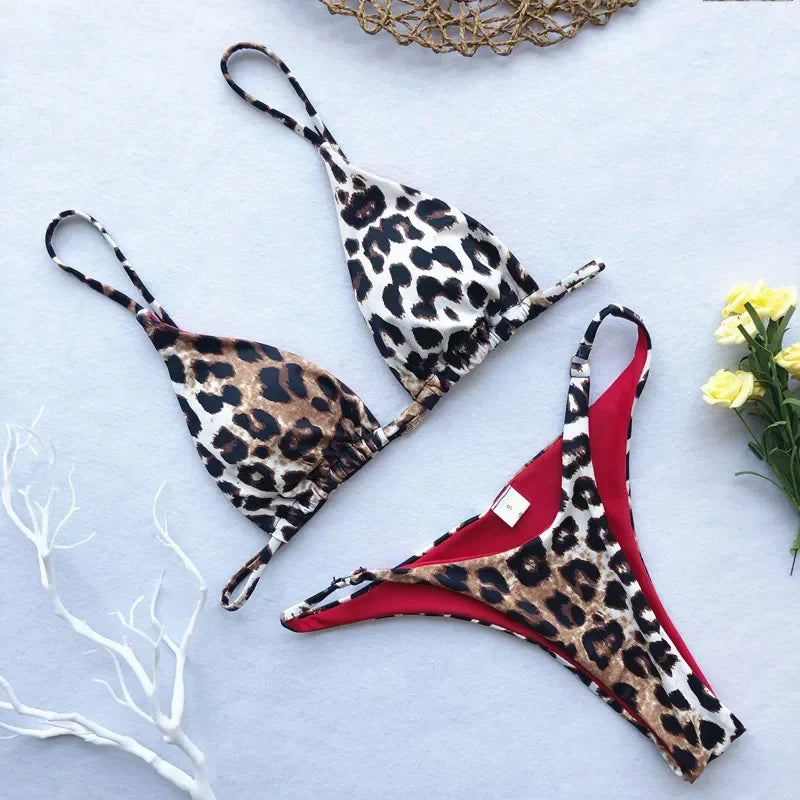 Micro Leopard Bikini High Cut  Bandage Push Up Swimsuit Bathing Suit Padded Thong Swimwear