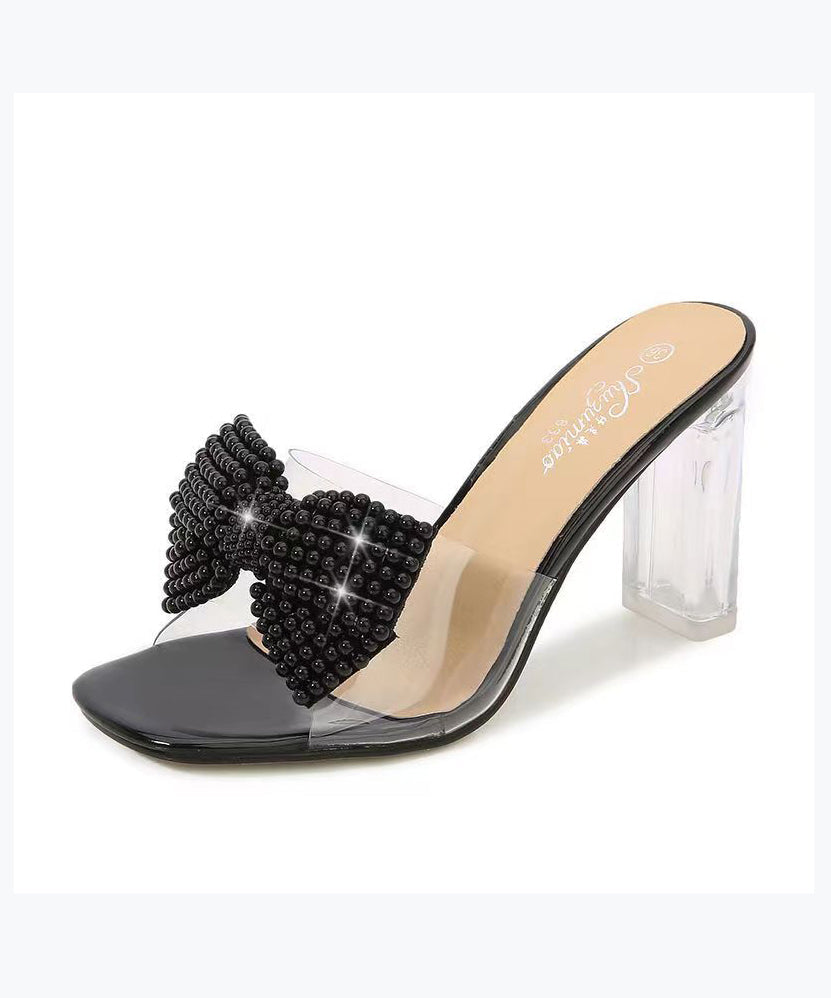 New Pink Chunky Heel Flower Open Toe Slide Sandals