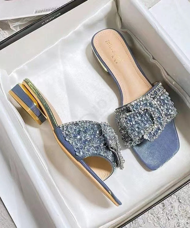 Summer New Blue Zircon Peep Toe Slide Sandals