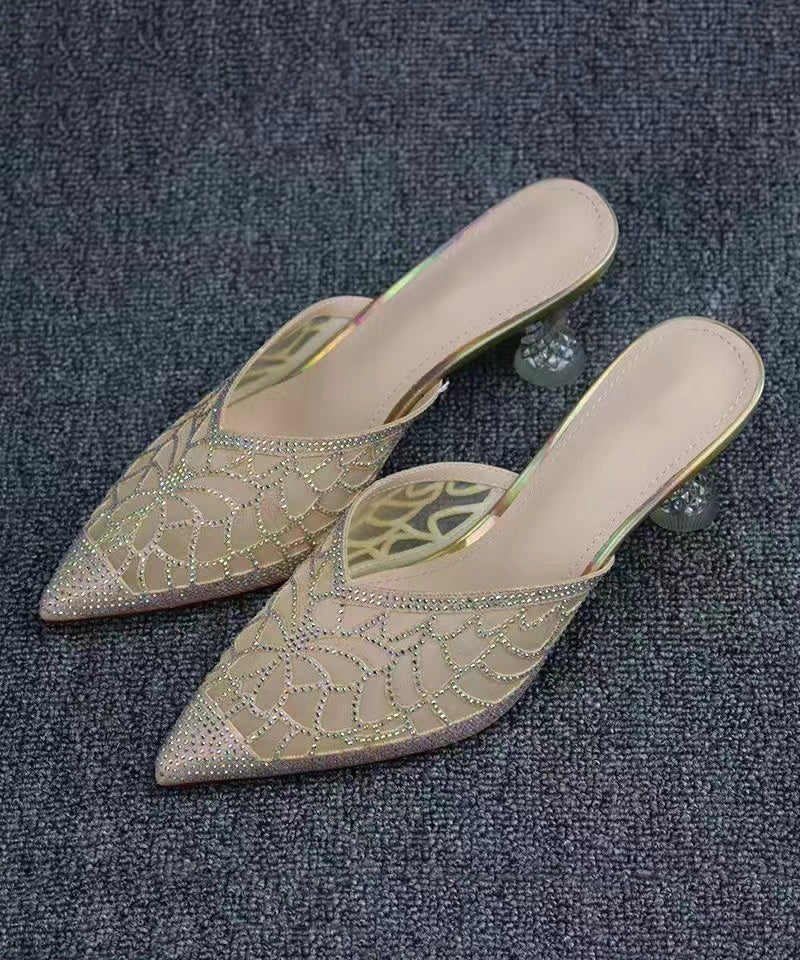 Summer New Gold Hollow Out Zircon Pointed Toe Slide Sandals