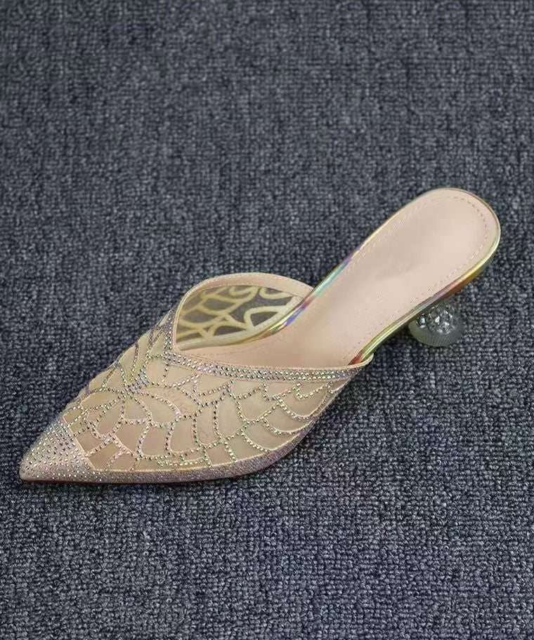 Summer New Gold Hollow Out Zircon Pointed Toe Slide Sandals