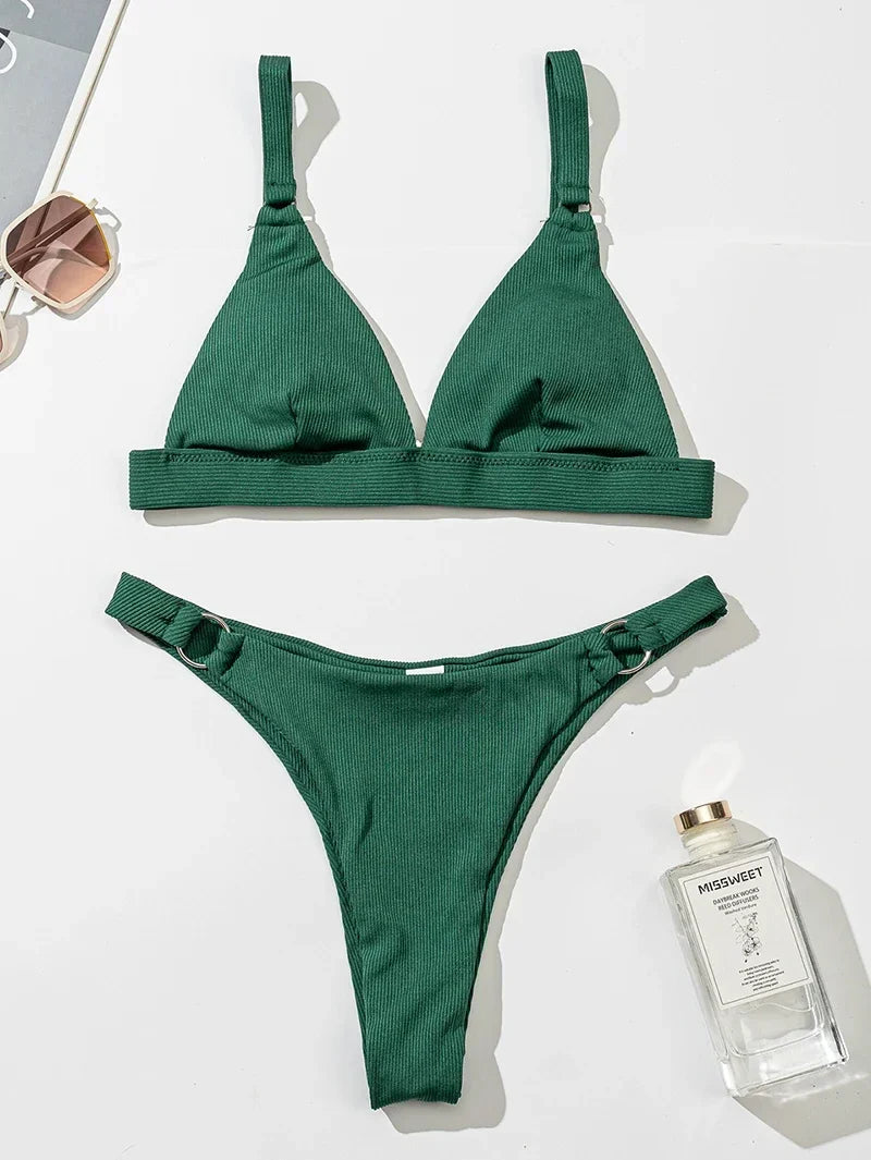 High Leg Cut Ribbed Female Swimsuit Halter Brazilian Bikini Swimwear Push Up Bikini Set
