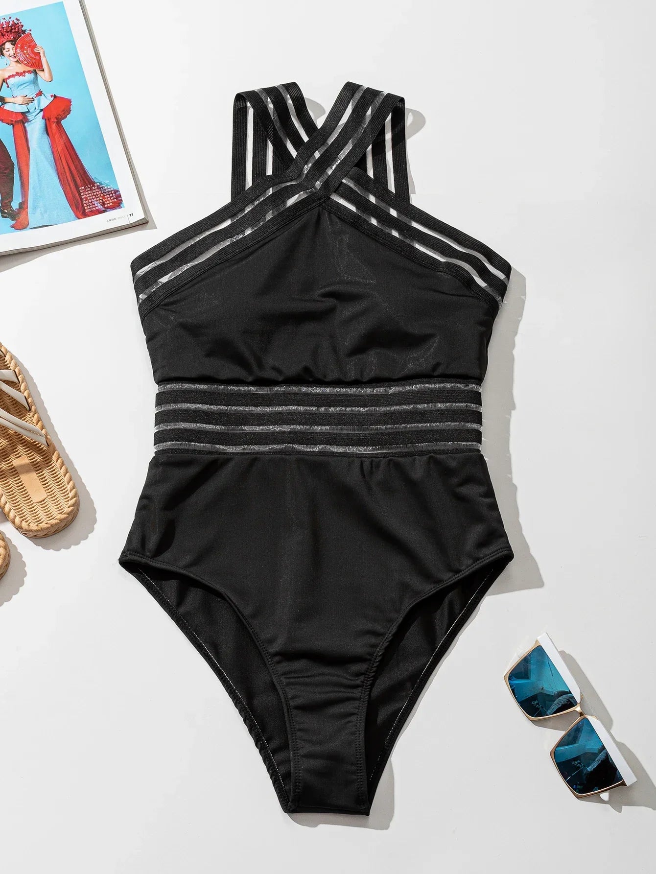 one piece swimsuit  Mesh splicing swimwear push up bathing suits solid halter female beachwear Monokini Bodysuit