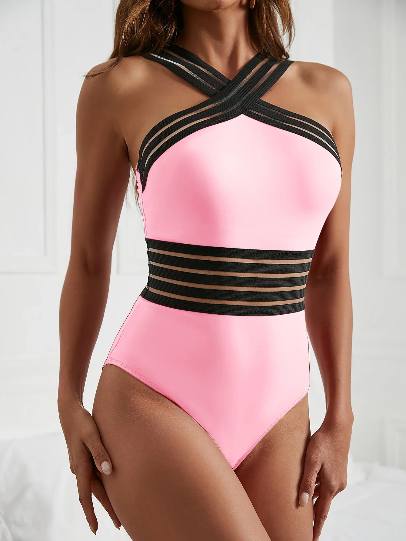 one piece swimsuit  Mesh splicing swimwear push up bathing suits solid halter female beachwear Monokini Bodysuit