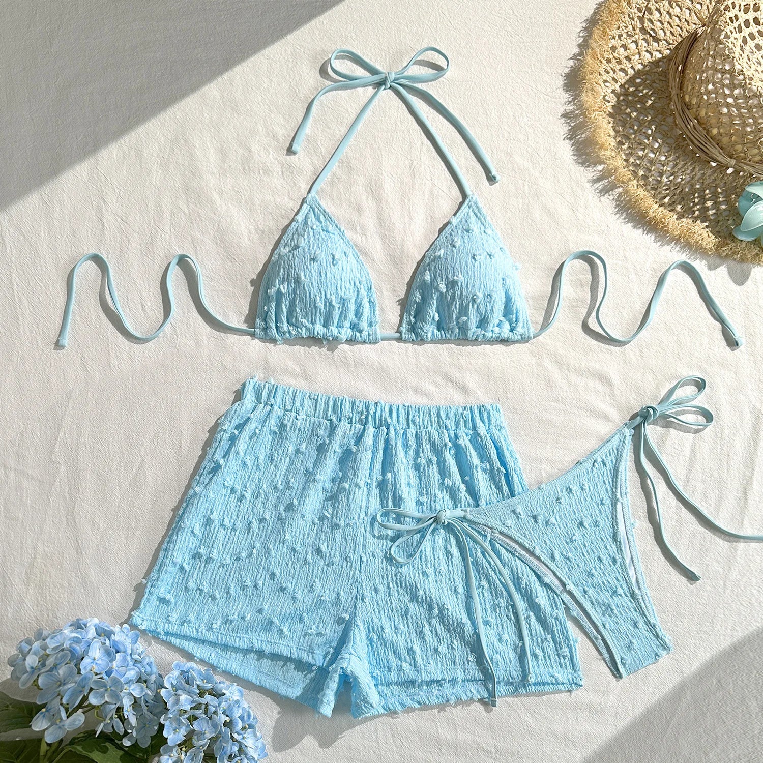 European and American fashionable and three-piece bikini bikini cross-border solid color neck strap swimsuit women