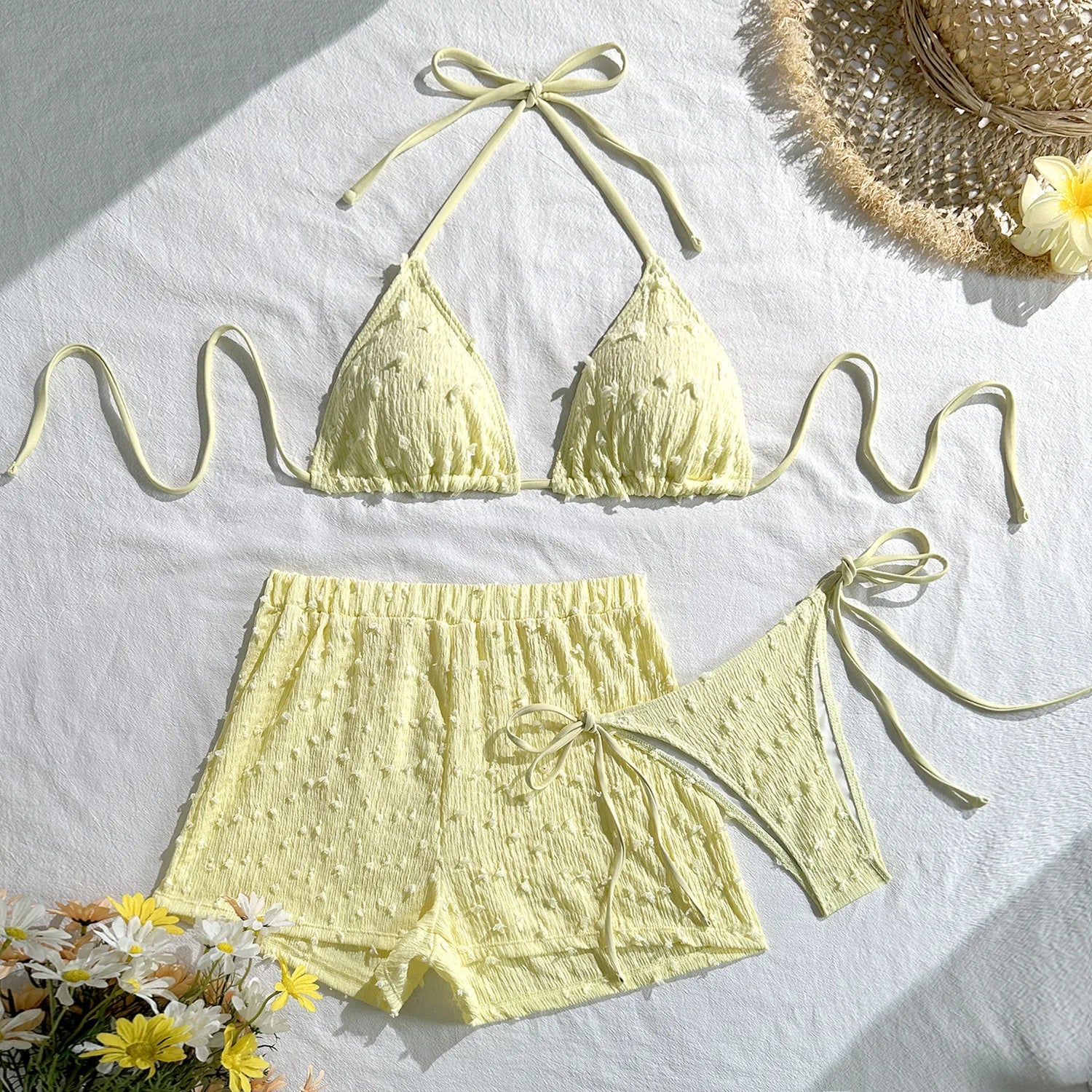 European and American fashionable and three-piece bikini bikini cross-border solid color neck strap swimsuit women