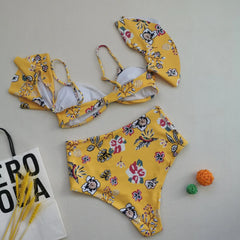 Floral Printed Bikini Oversize 2 Piece Swimsuit Strapless Backless Bathing Suit Ruffle Sleeve Swimwear
