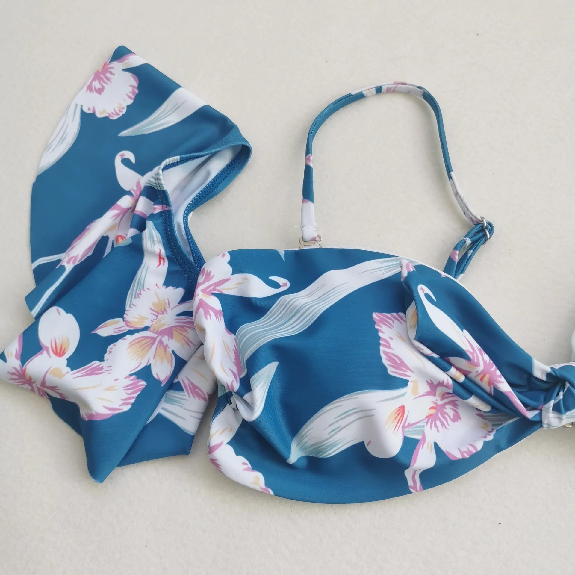 Floral Printed Bikini Oversize 2 Piece Swimsuit Strapless Backless Bathing Suit Ruffle Sleeve Swimwear