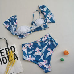 Floral Printed Bikini Oversize 2 Piece Swimsuit Strapless Backless Bathing Suit Ruffle Sleeve Swimwear