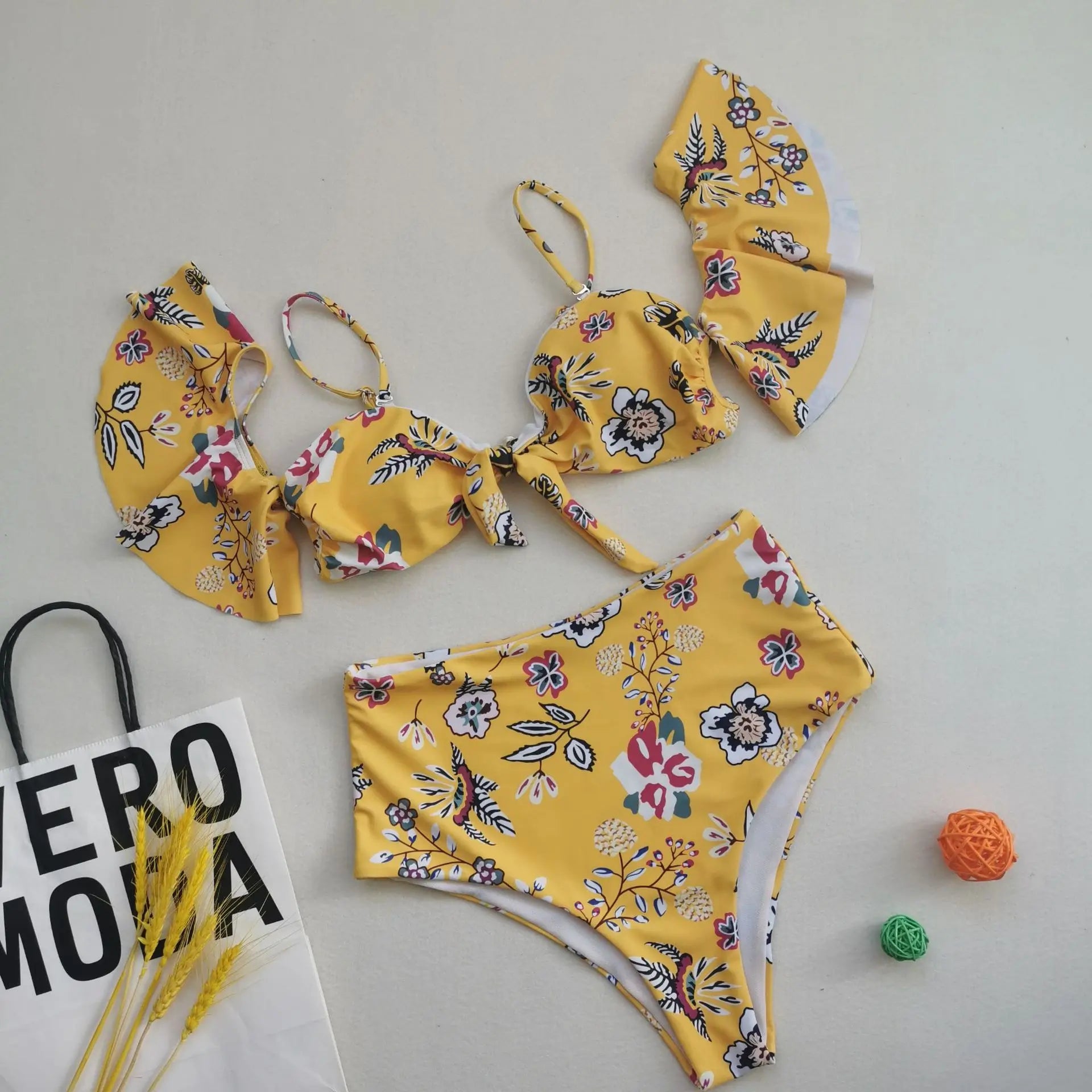 Floral Printed Bikini Oversize 2 Piece Swimsuit Strapless Backless Bathing Suit Ruffle Sleeve Swimwear